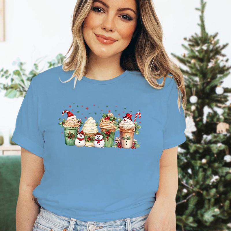 Snowman Coffee Christmas Women T Shirt Tops Tee Red Tshirt Female Summer Tshirt Christmas Graphic Tee Female Cute Tops Tee