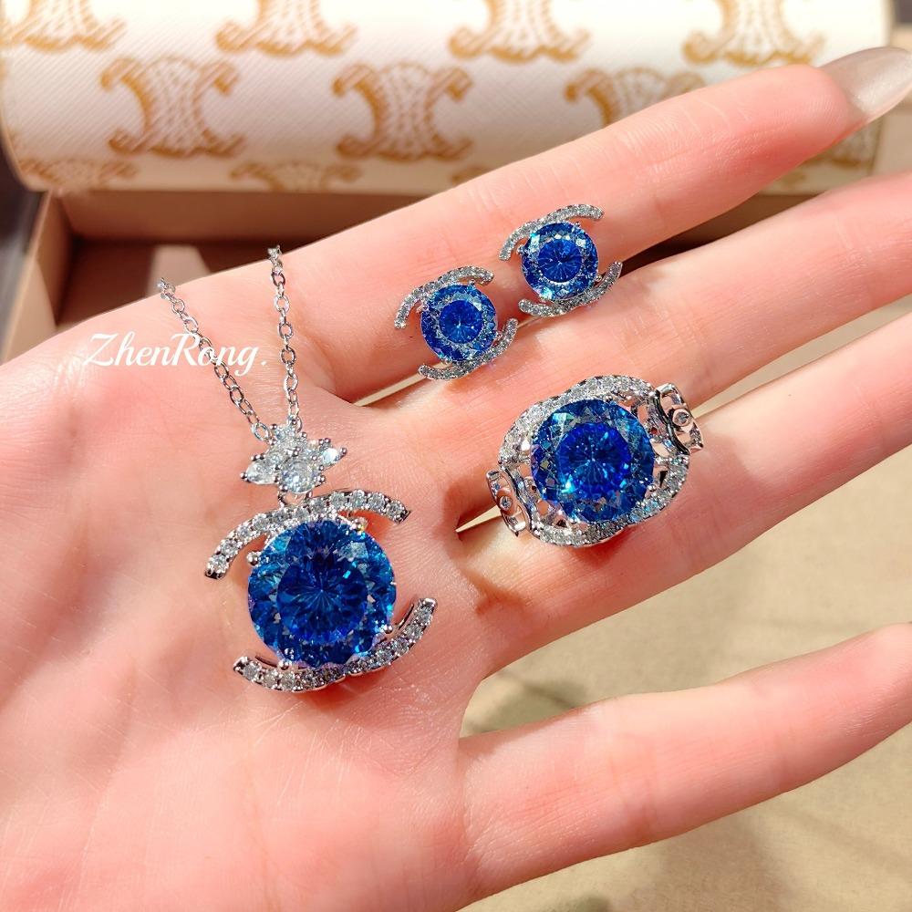 

Women Jewelry Set with Double C Firework Cut Zircon Pendant High Carbon Diamond Pink Earrings Blue Ring