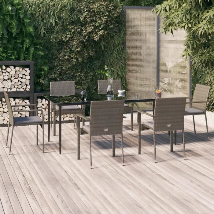 VidaXL Garden Dining Furniture and Cushions 7 Pcs Black and Grey Rattan 3185129