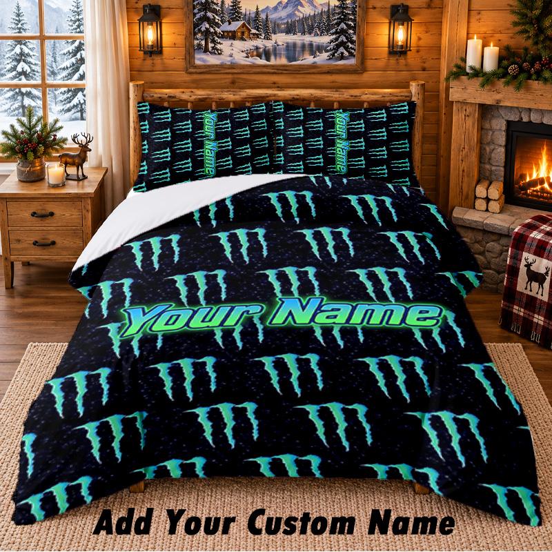 Set Biancheria da Letto con Fantasia Monster Energy 3 Pezzi Nome Personalizzato, Lenzuolo e Federe per Camera da Letto di Casa
