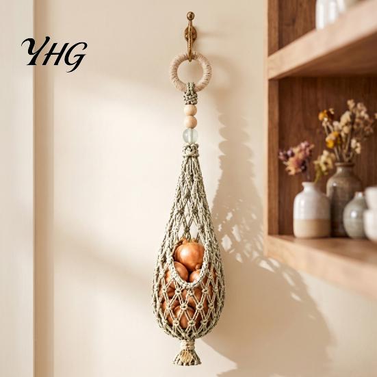 Kitchen Countertop Space Saver Handwoven Cotton Rope Storage Mesh Bag, Wall-Mounted Bohemian Style Organizer, Hand Woven Produce Basket Breathable