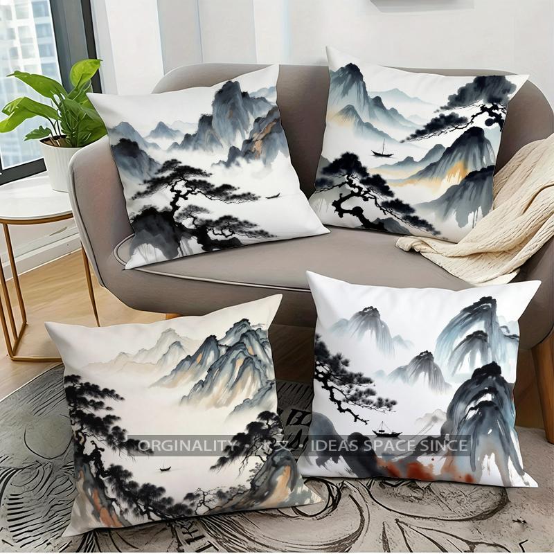 Chinese Landscape Ink Pillow Covers Pattern Cushion Cover Suitable for Sofa Bedroom Car Pillow Cover