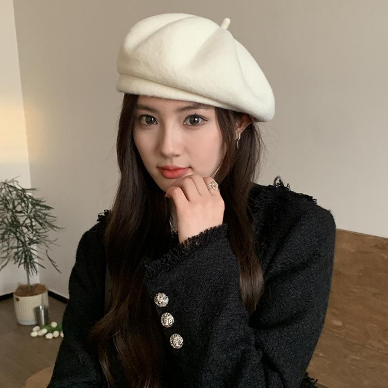New autumn and winter light board versatile pure wool hat wool knitted hat rabbit plush beret painter bud hat