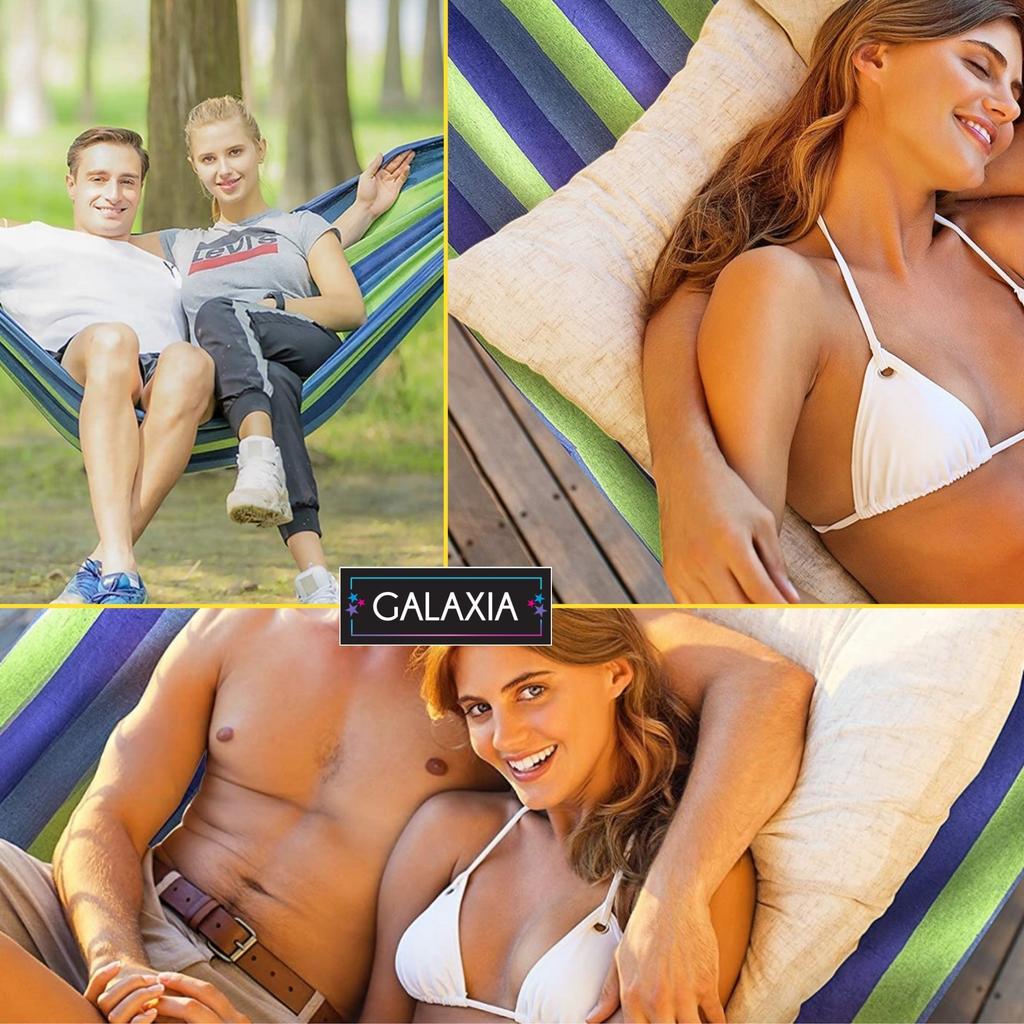 Double Hammock De Gardina 260×150 Cm GALAXIA® Blue Green Wooden Bar Cotton Double Hammock