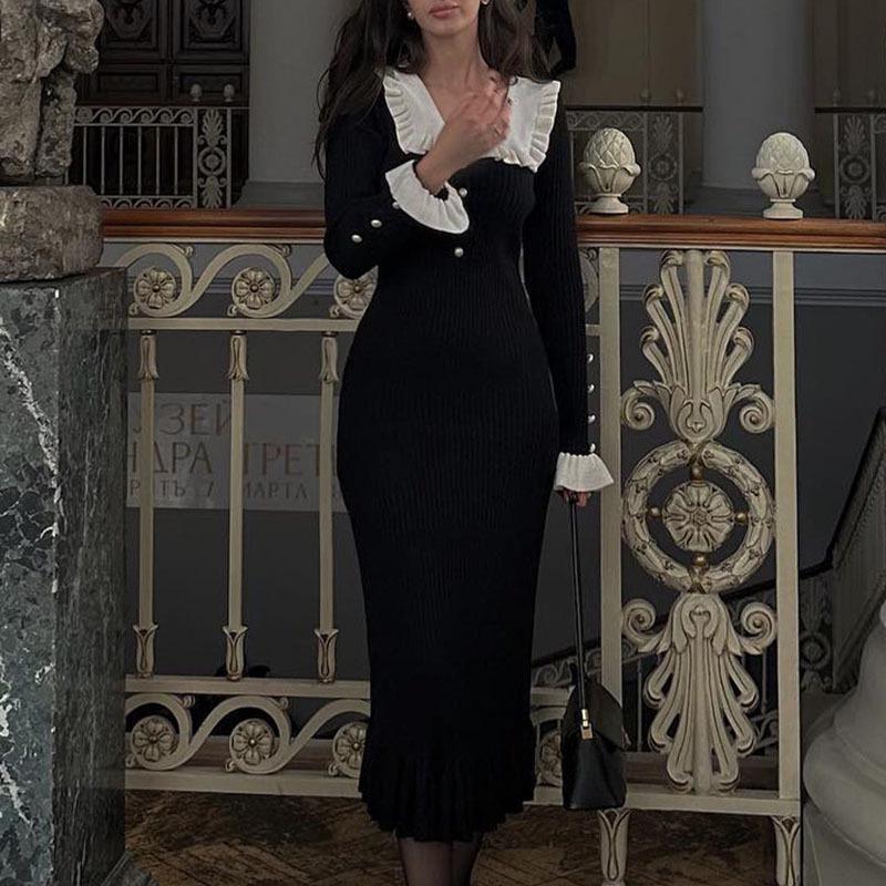 

Вязаное платье с оборками в стиле ретро из шерсти, 2023: Европейский и американский французский стиль для осени и зимы Small чёрный