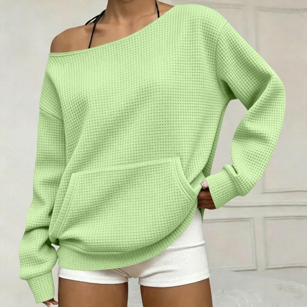 Women's Fashion Casual Off-Shoulder Long Sleeve Knit Sweatshirt with Pockets