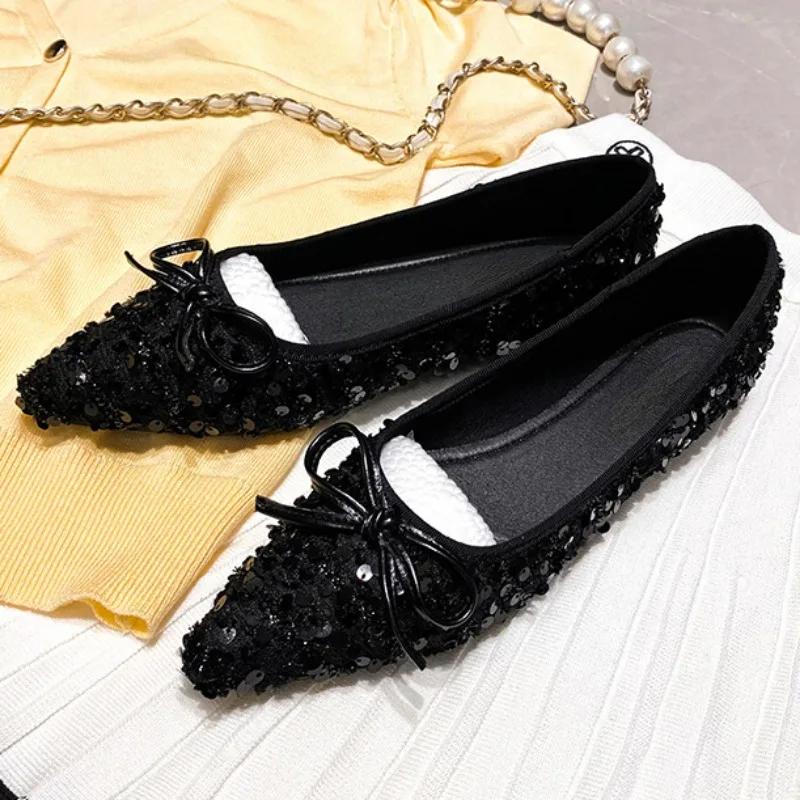 Fashion 2025 Spring Black Bling Women Flats Elegant Pointed Toe Footwear Classic Bowknot Shallow Slip-on Soft Sole Date Shoes for Lady