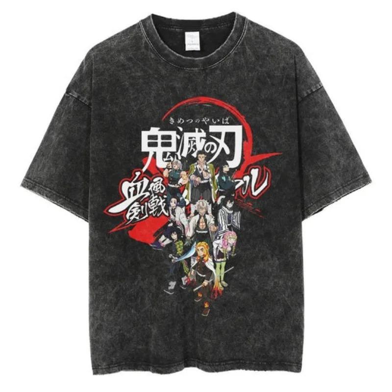 2026 Anime Demon Slayer Retro Washed T-shirt Men's and Women's New Summer Clothing Breathable Fashion Top Streetwear Peripheral Tee