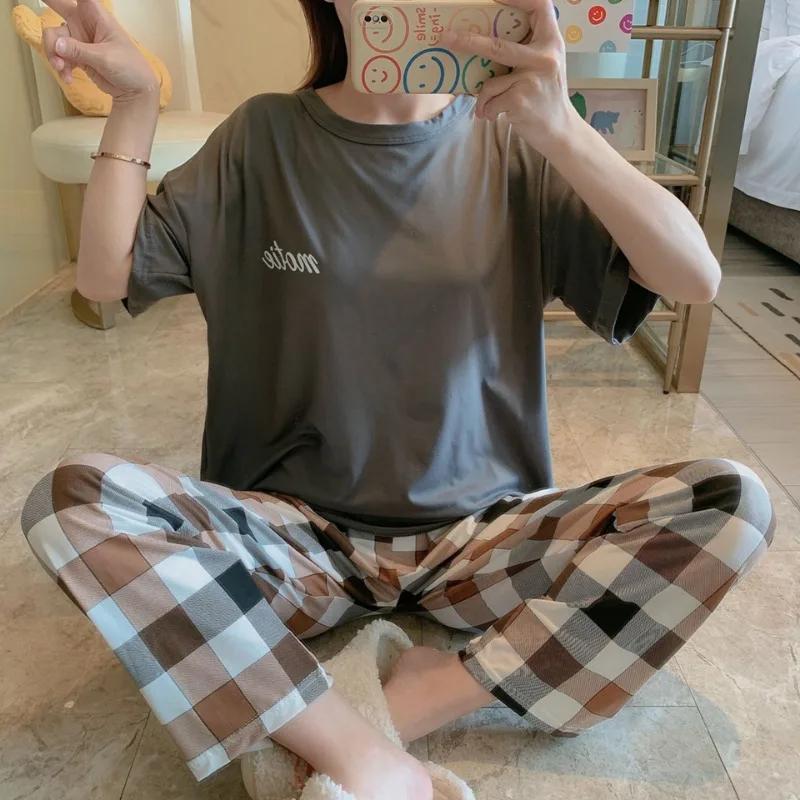 Sleepwear Women Solid Color Short Sleeve Pants Comfortable Breathable Pullover Top Trouser Nightwear Suit