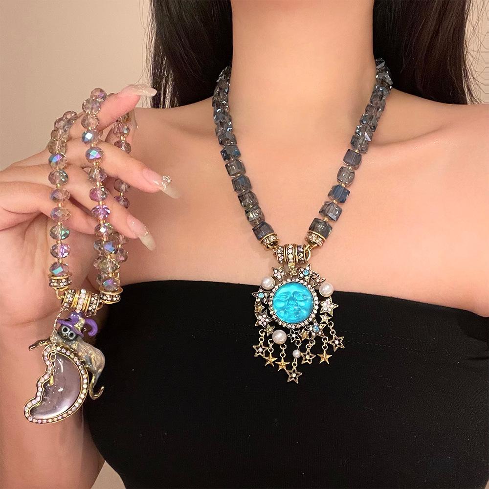 2026 New Y2K Sweet Pendant Necklaces Women Exaggerated Tassel Moon Star Beaded Necklaces Halloween Party Holiday Jewelry Gifts