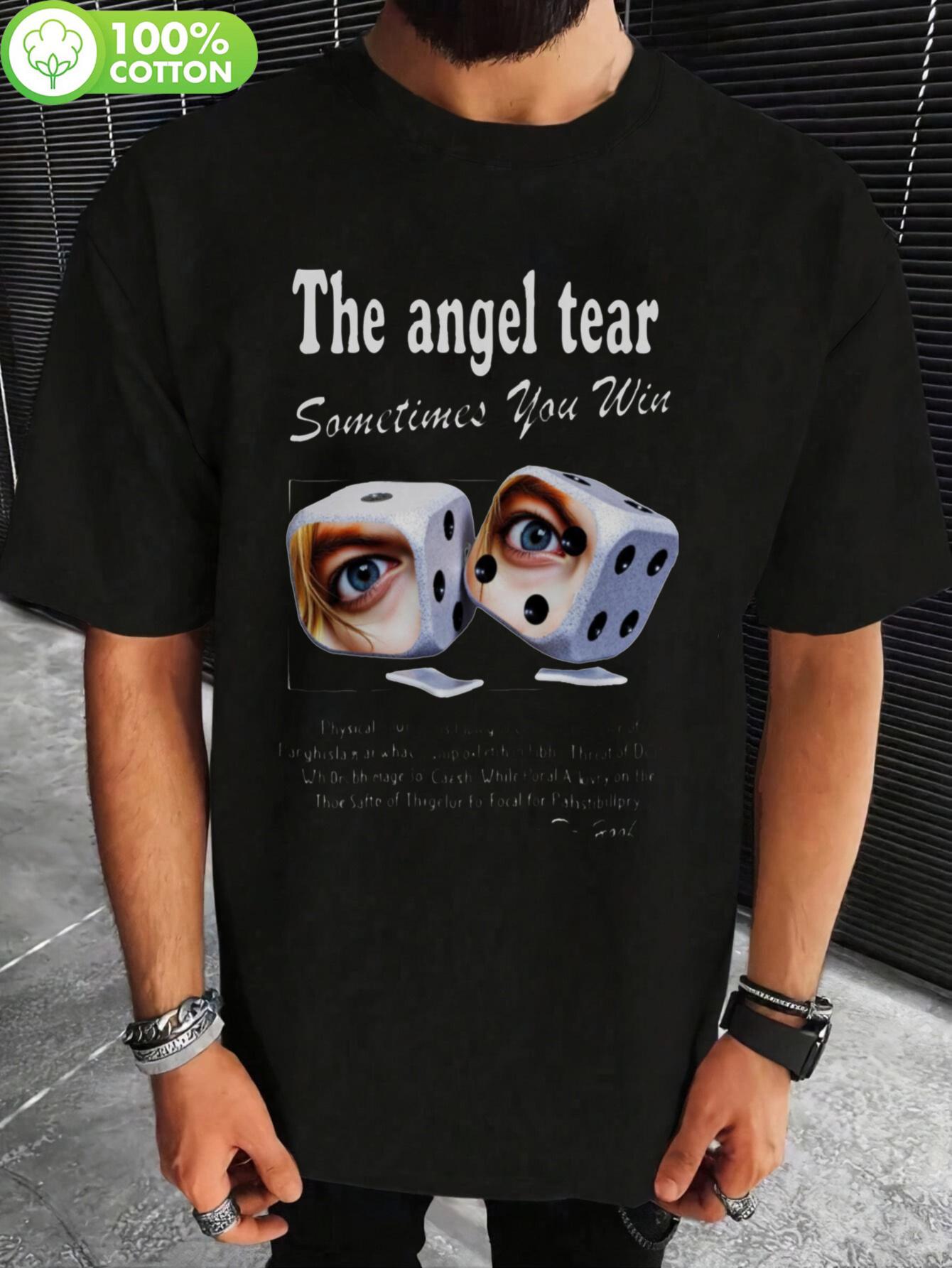 100% Cotton Graphic T-shirt - Black Casual Short Sleeve Tee with Angel & Dice Slogan Print XXXL