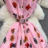 Summer Women Elegant Turn-down Collar Designer Print Long Midi Runway Party Shirt Dresses With Belt