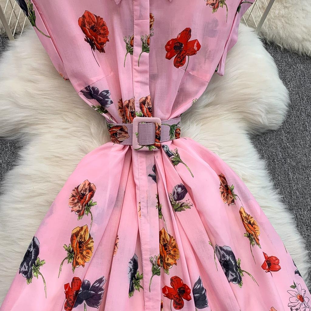 Summer Women Elegant Turn-down Collar Designer Print Long Midi Runway Party Shirt Dresses With Belt