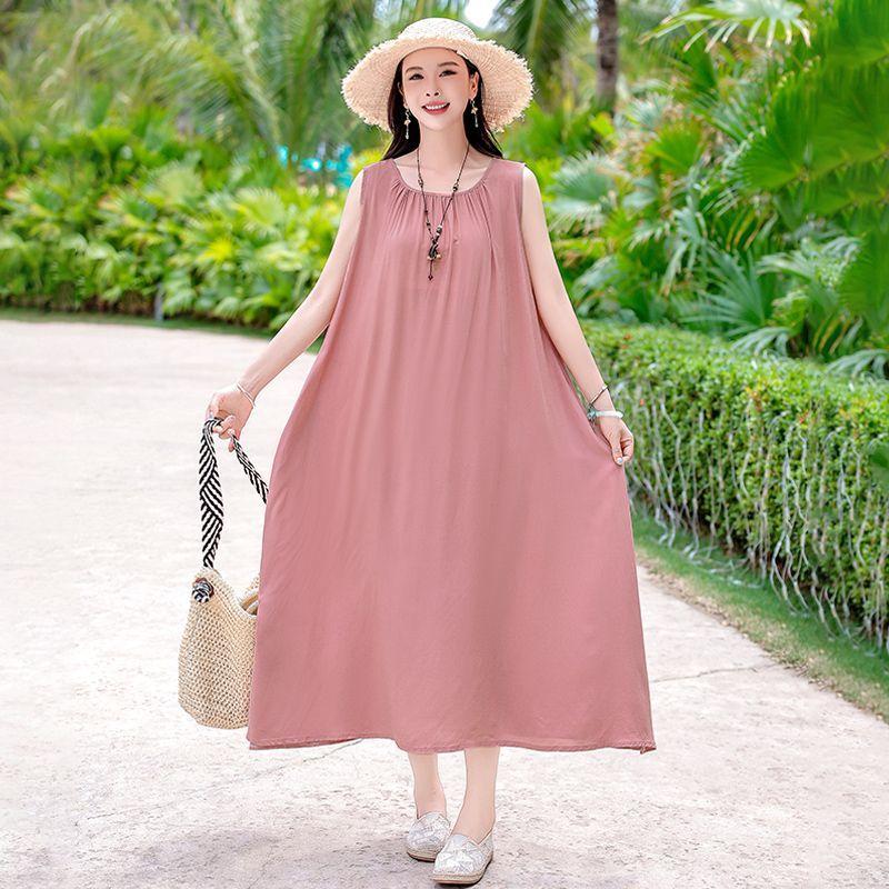 Sleeveless Cotton Dress Summer Loose Plus Size Slimming Vest Vacation Long Dress Elegant Beach