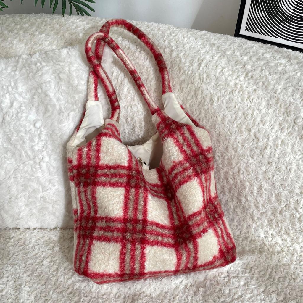 Winter Plaid Women's Plush Shoulder Bags Vintage Leopard Ladies Furry Handbags Large Capacity Female Faux Lamb Wool Tote Bag