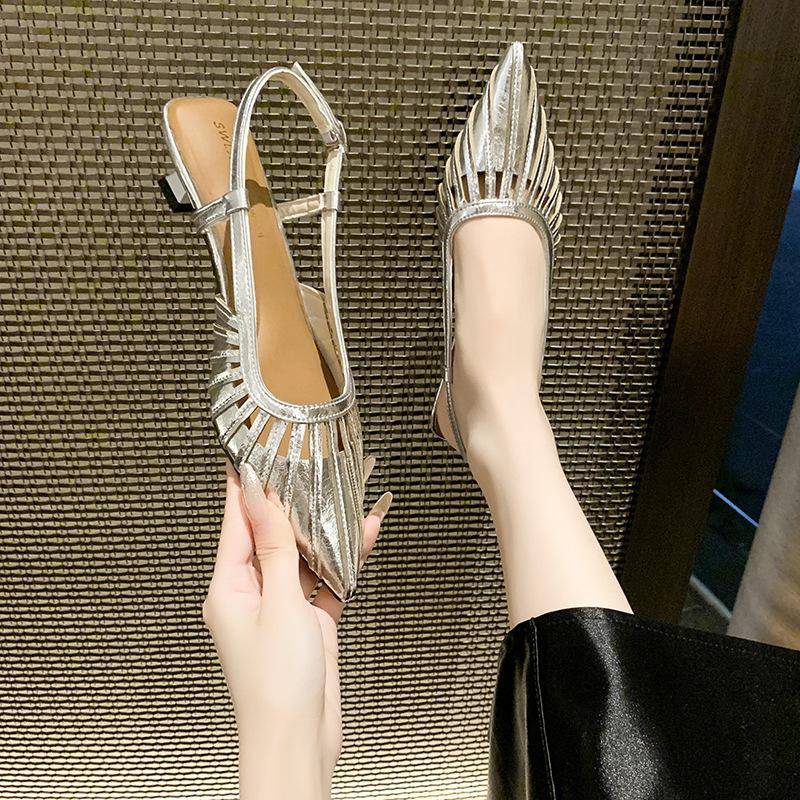 2025 new foreign style one-word buckle with bag head sandals women's summer gold pointed woven hollow low heel empty sandals