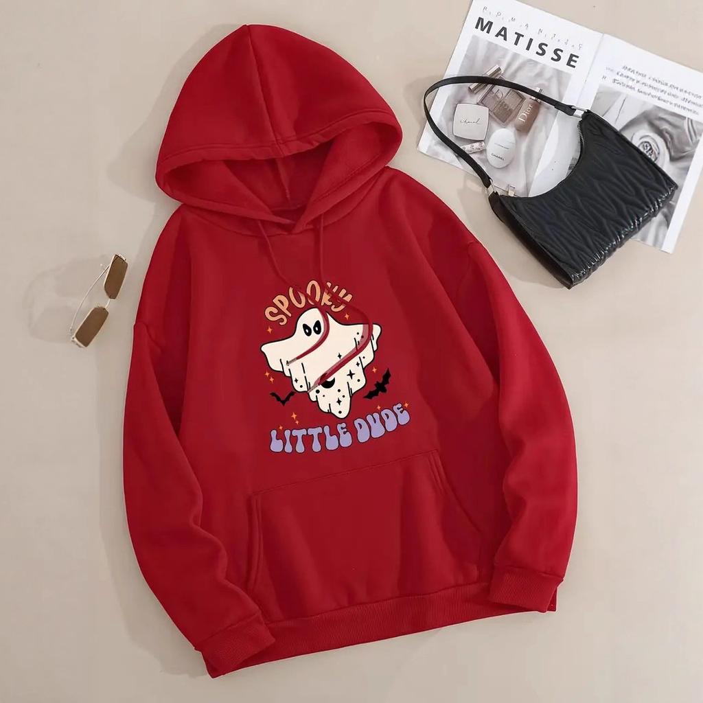 Ladies Spring Autumn Casual Sports Hooded Long Sleeve Big Pocket Halloween Ghost Printed Pullover Hoodies Sweatshirt Top