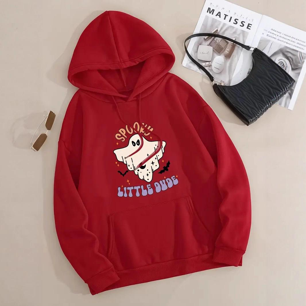 Ladies Spring Autumn Casual Sports Hooded Long Sleeve Big Pocket  Halloween Ghost Printed Pullover Hoodies Sweatshirt Top S