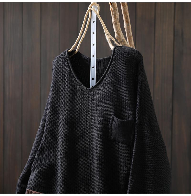 Women's Artistic Loose V-Neck Cotton Knit Sweater - Autumn Long Sleeve, Versatile Large Size