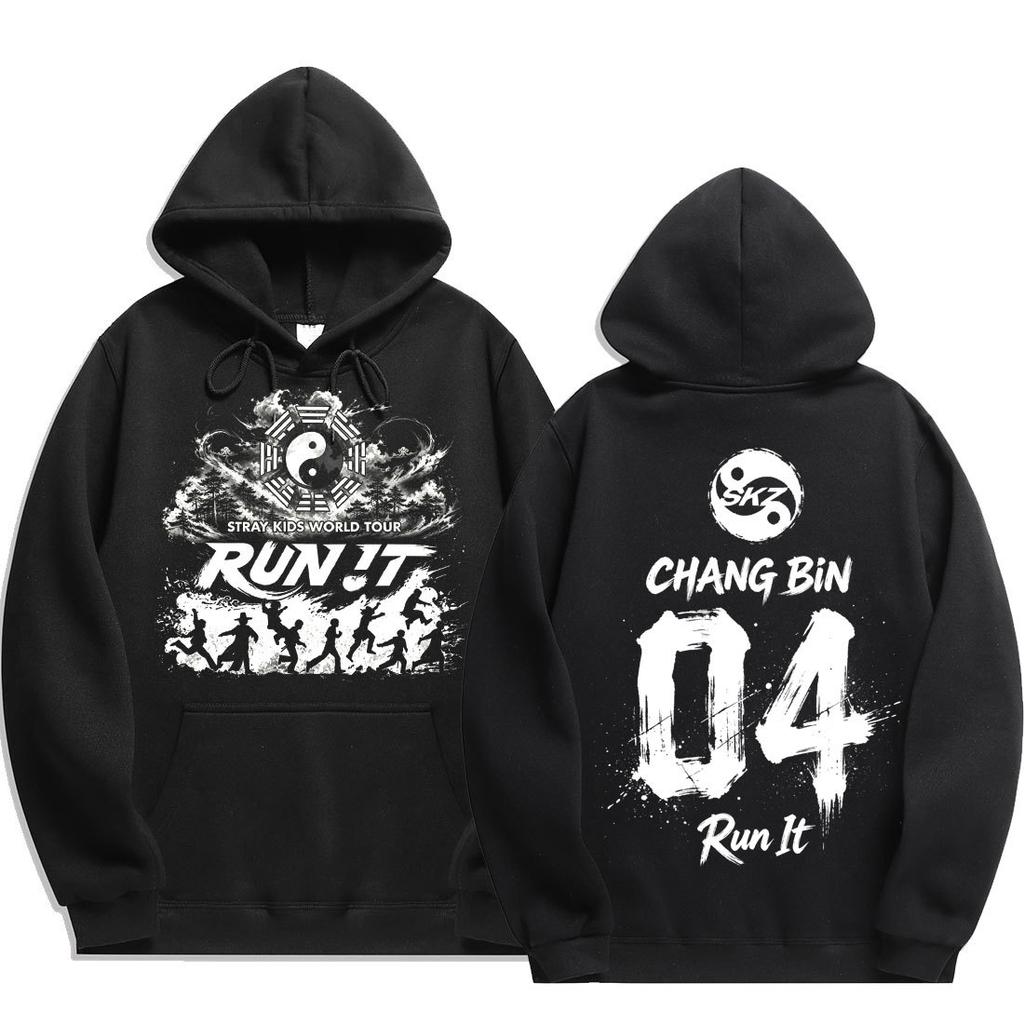 Casual Threaded Hoodie Stray Kids World Tour Run It Print Long Sleeve Loose Hooded Sweatshirt For Fans