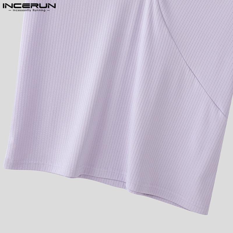 INCERUN Letné pánske tričká s krátkym rukávom a výstrihom do V, bežné priliehavé rebrované základné topy