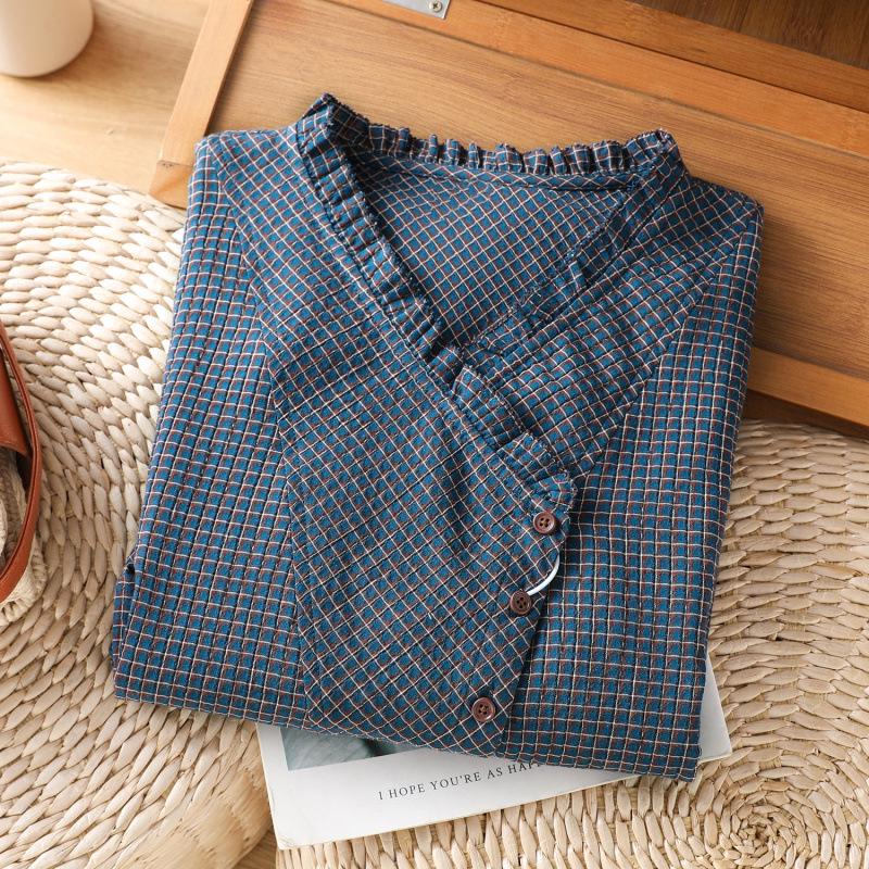 Women's Blue Cotton Plaid Long Sleeve Shirt - Stylish Autumn 2026