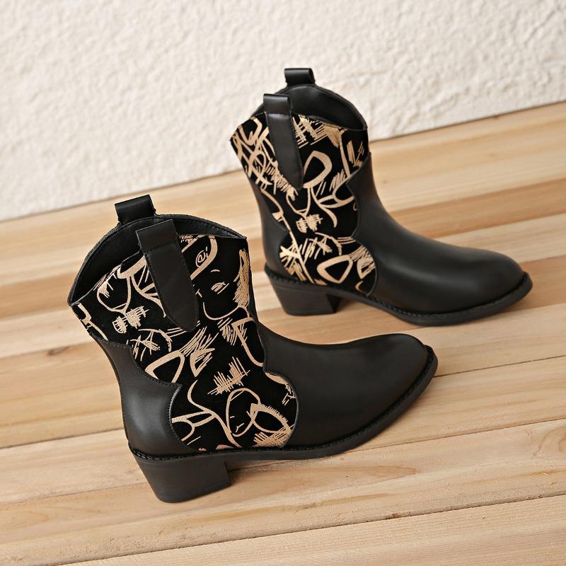 Women's Pointed Block Heel Medium Heel Alphabet Graffiti Low Leg Boots Sleeve Western Cowboy Knight Boots Women's Plus Size