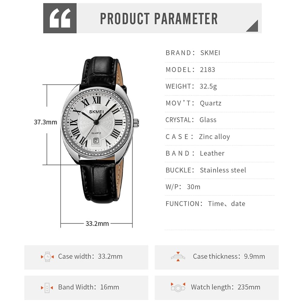 "Elegant Women's Analog Watch Black Silver Leather Strap Lightweight Waterproof Casual Business"