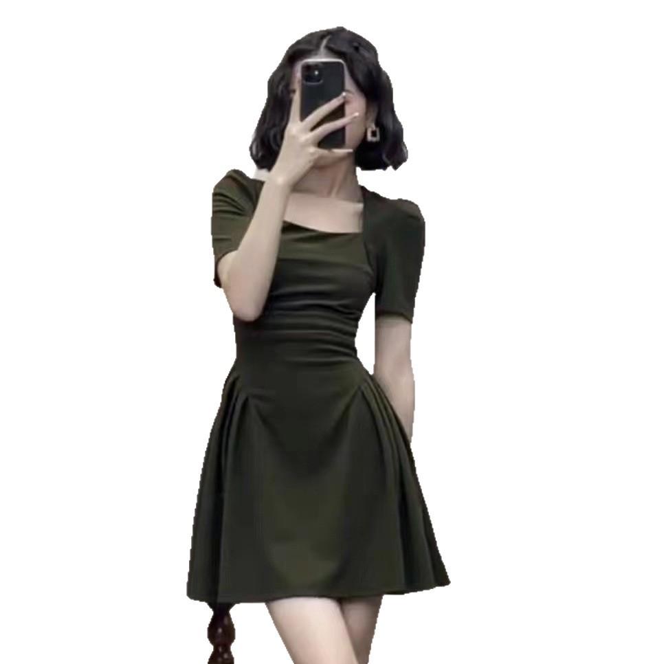 High-end French Square Neck Dress Women's Summer New Niche Waist and Thin Small A-word Short Skirt