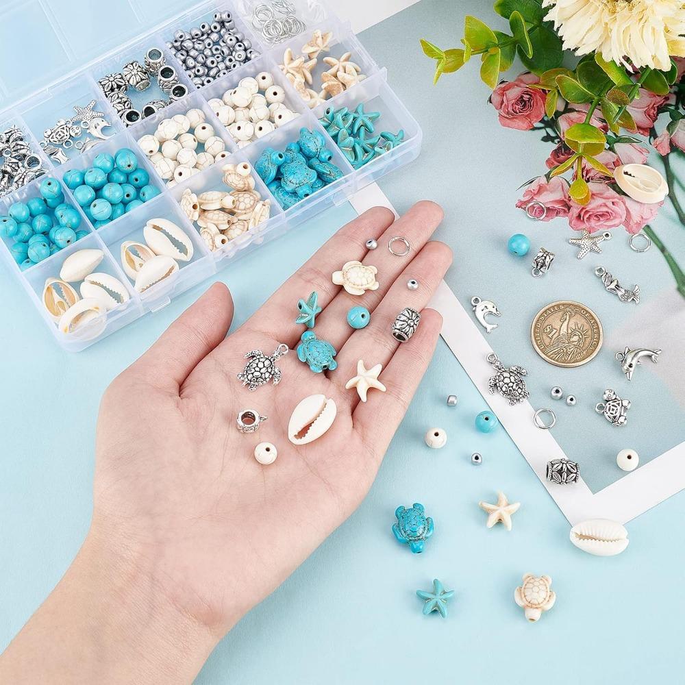 Κιτ Κατασκευής Κοσμημάτων Ωκεανού 292 τεμ. Καλοκαιρινές Χάντρες και Μενταγιόν Παραλίας με Χελώνα, Γοργόνα, Δελφίνι, Αστερία, Κράμα, Θαλάσσια Μενταγιόν για Κατασκευή Βραχιολιού Ποδιού