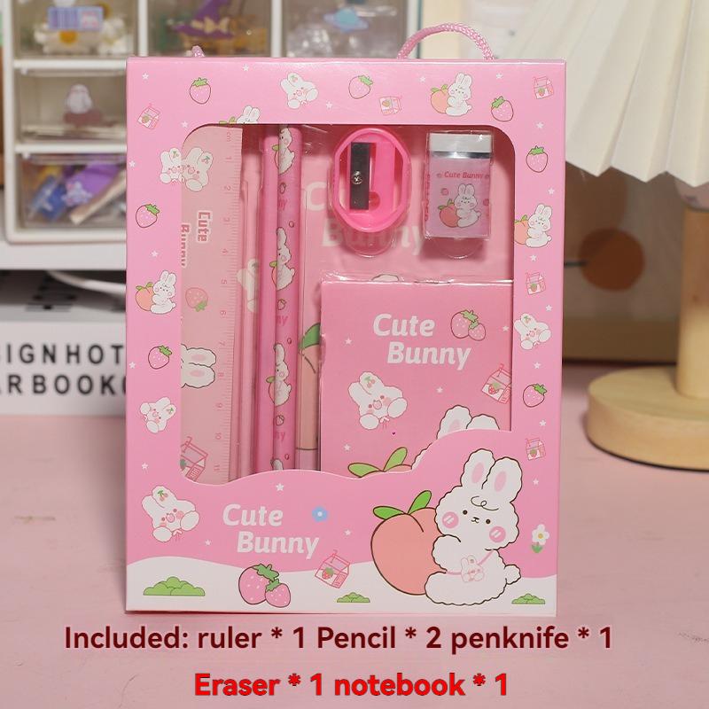 Cute 6-in-1 Stationery Set Cartoon Rabbit Bear Student Stationery Bag Portable Kindergarten Learning Gifts School Supplies
