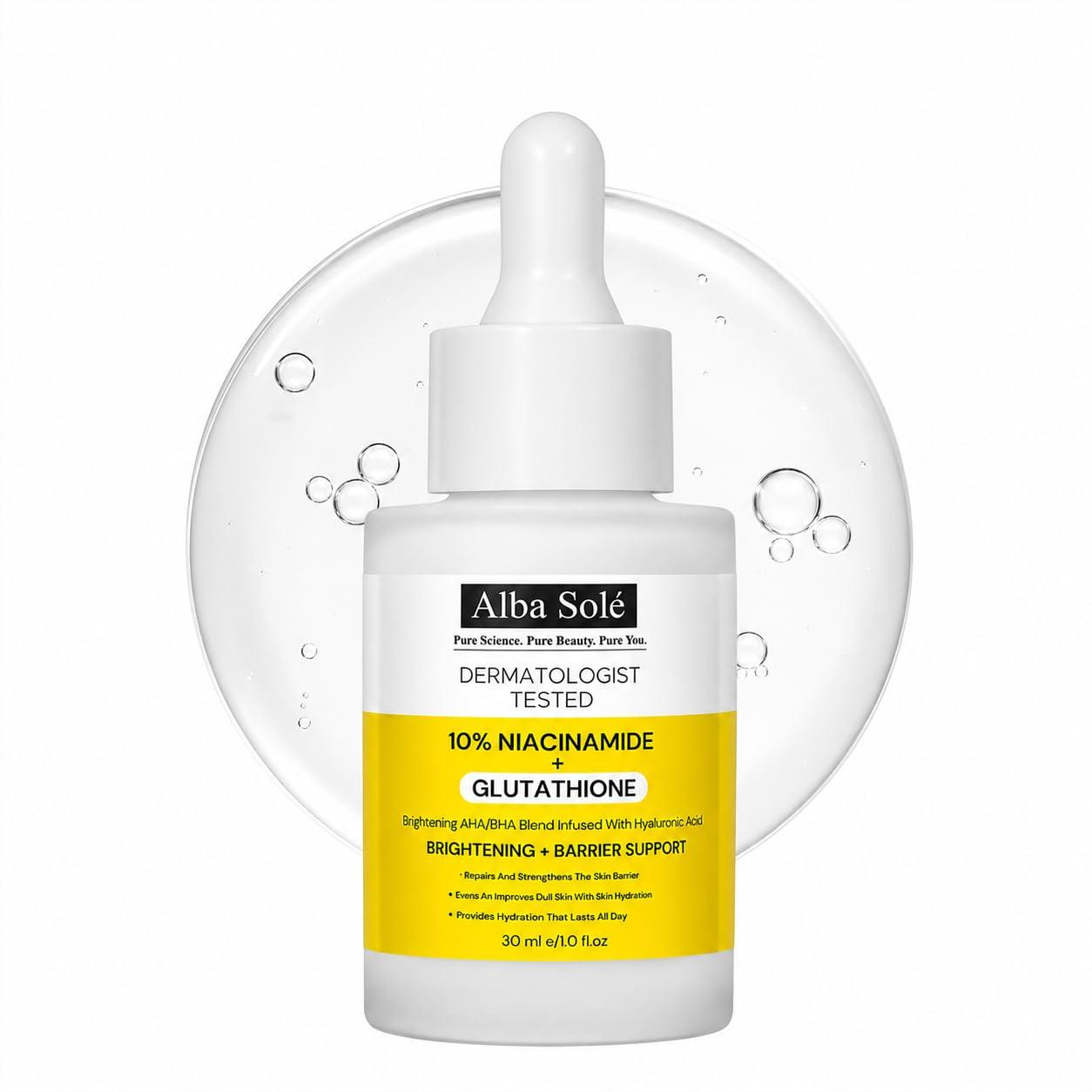 Alba Solé 10% Niacinamide + Glutathione Face Serum with 2% Salicylic Acid, Brightening Serum for Dark Spots & Uneven Skin Tone, AHA BHA with Hyalur