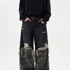 Calças Jeans Masculinas de Corte Largo com Rasgos, Patchwork Camuflado e Bainha Desfiada, Streetwear Casual