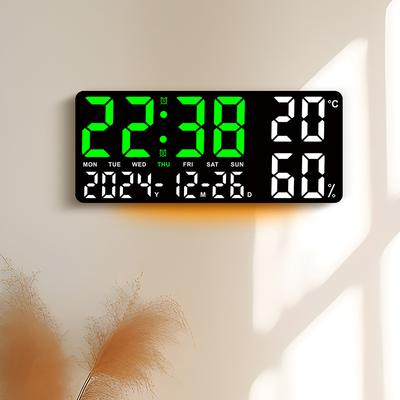Novo Estilo Relógio de Parede para Sala de Estar com Temperatura e Umidade, Relógio Eletrônico Simples Multifuncional, Fonte Grande, Luz Noturna, Múltiplos Despertadores
