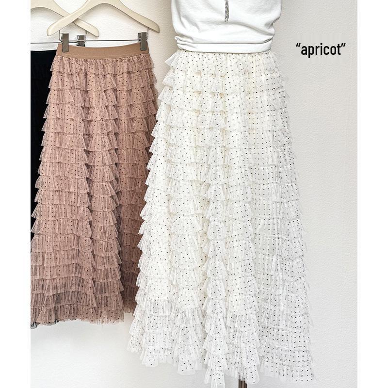 Polka Dot Mesh Fairy Fluffy Long Skirt - 2026 Spring/Summer High Waist A-line Layered Skirt for Women