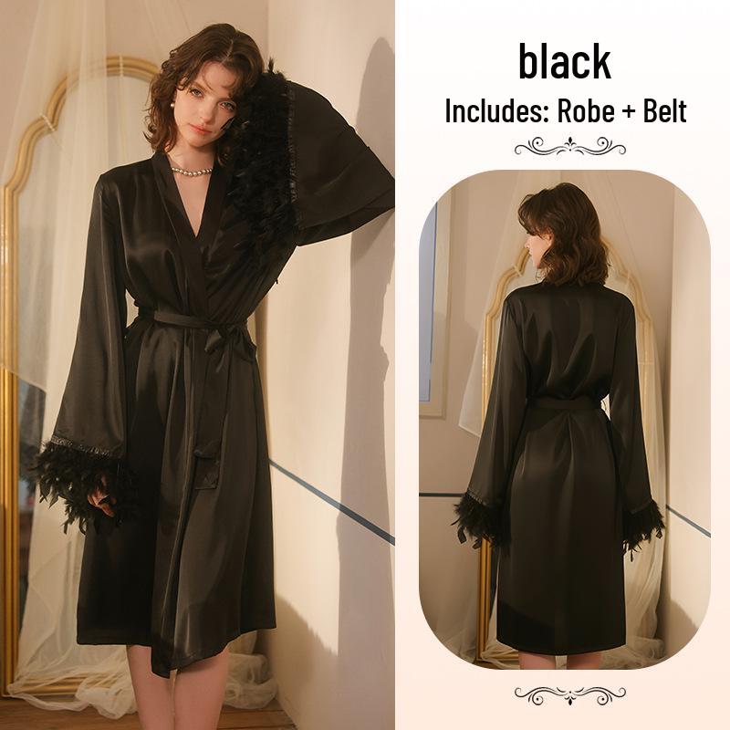 

French Satin Feather-Trim Robe: Black & White, Luxurious Home Wear Medium чёрный