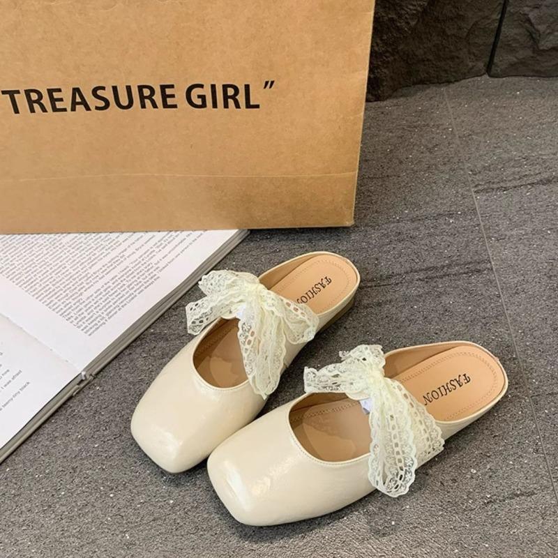 Niche square head flat sole shoes women's spring new Lori with lace bow women's bag head slippers