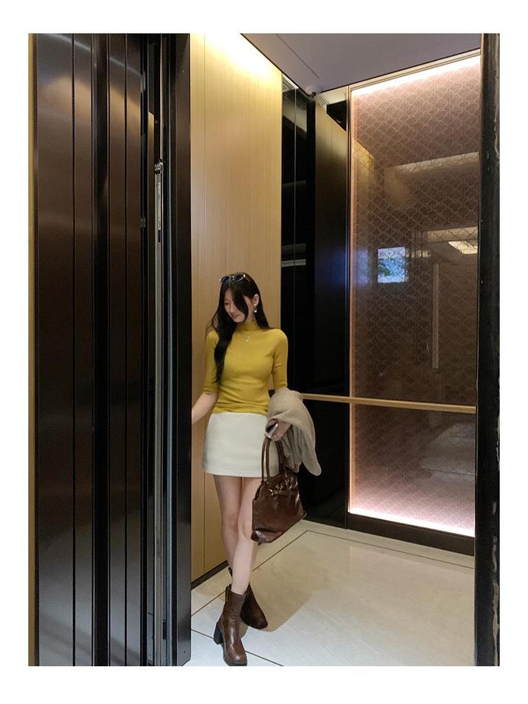 Korean Chic Elegant Half-High Neck Slim Fit Mid-Sleeve Knit Top for Women - 2026 New Arrival
