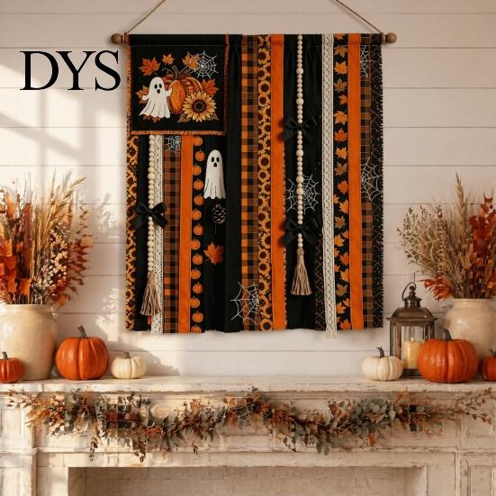 Seasonal Festival Gift Halloween Rag Banner, Orange Black Skull Ghost Pumpkin Hanging Decoration, Rustic Theme Banner Fabric Stripe for Front