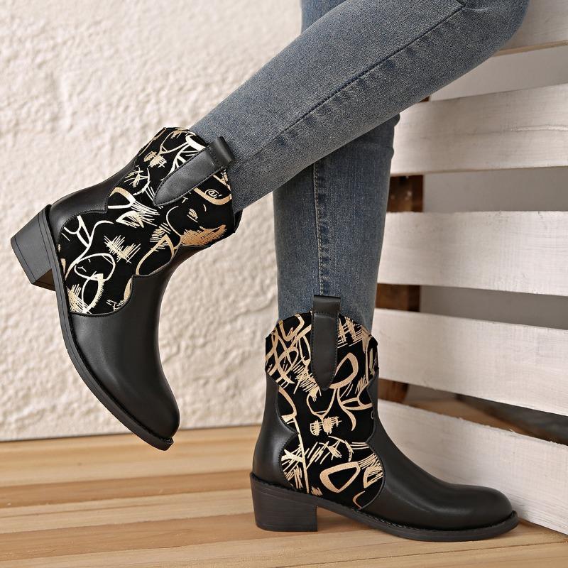 Women's Pointed Block Heel Medium Heel Alphabet Graffiti Low Leg Boots Sleeve Western Cowboy Knight Boots Women's Plus Size