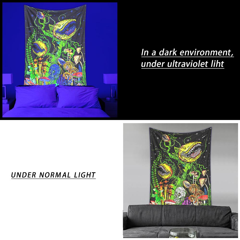 1pc UV Responsive Skull Tapestry, Flower and Mushroom Fluorescent Tapestry, Bedroom Aesthetic Decorative Wall Hanging