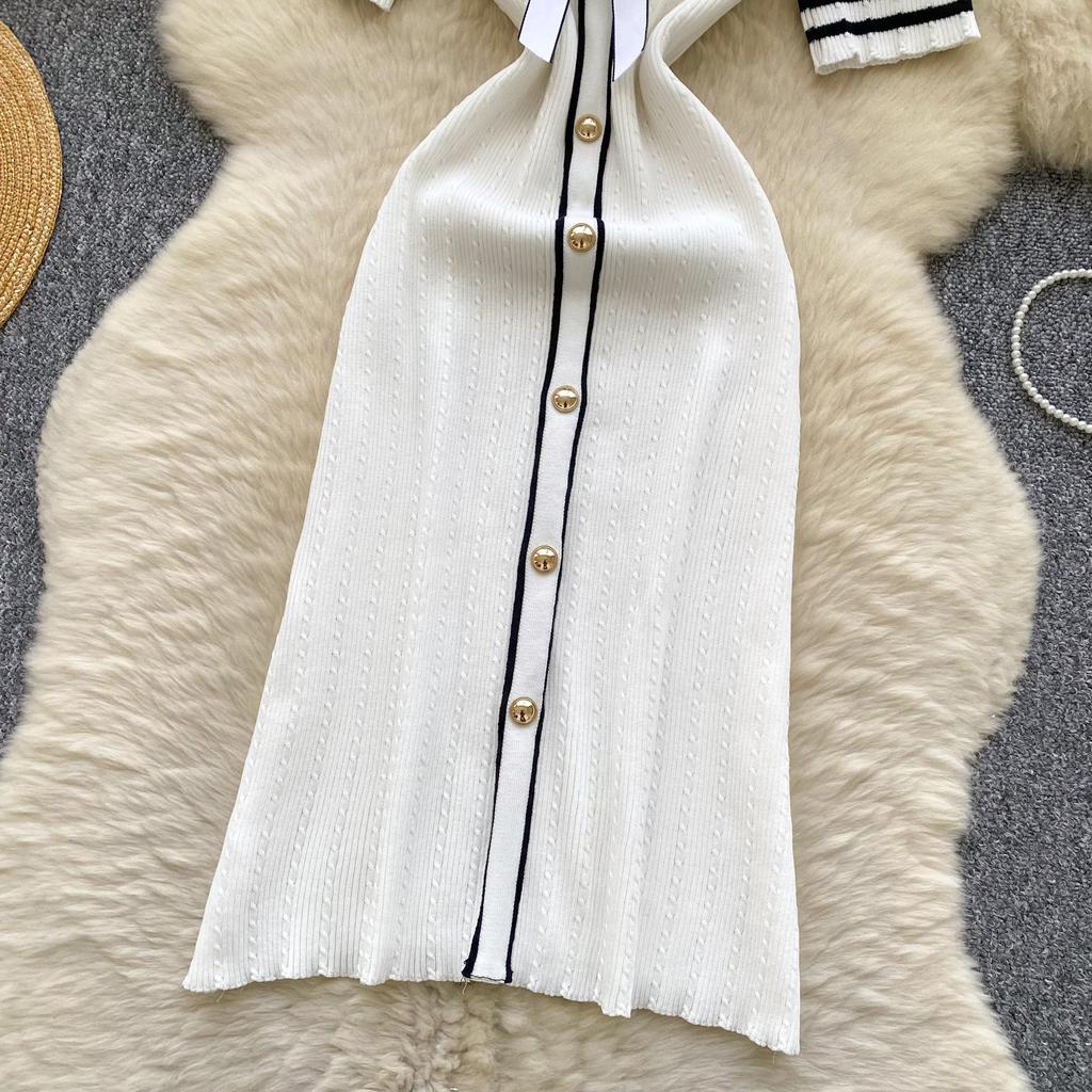 Summer Women Sweet Bowtie V-neck Short Sleeve Knitted Sweater Pullover Dresses