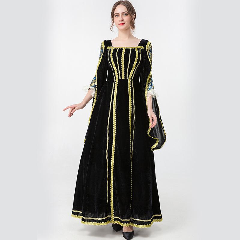 Retro Renaissance medieval queen dress, Victorian Gothic court ball dress, women's black long sleeved Halloween costume