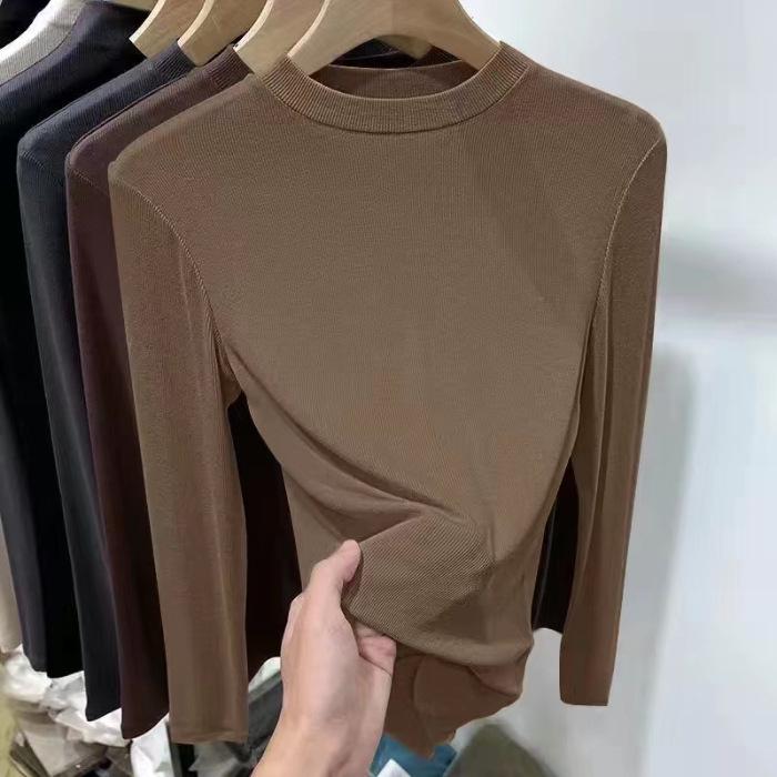 

Женская облегающая футболка с длинным рукавом из двухстороннего флиса с маленьким воротником-стойкой – Весенне-осенний универсальный топ в европейском стиле в рубчик M