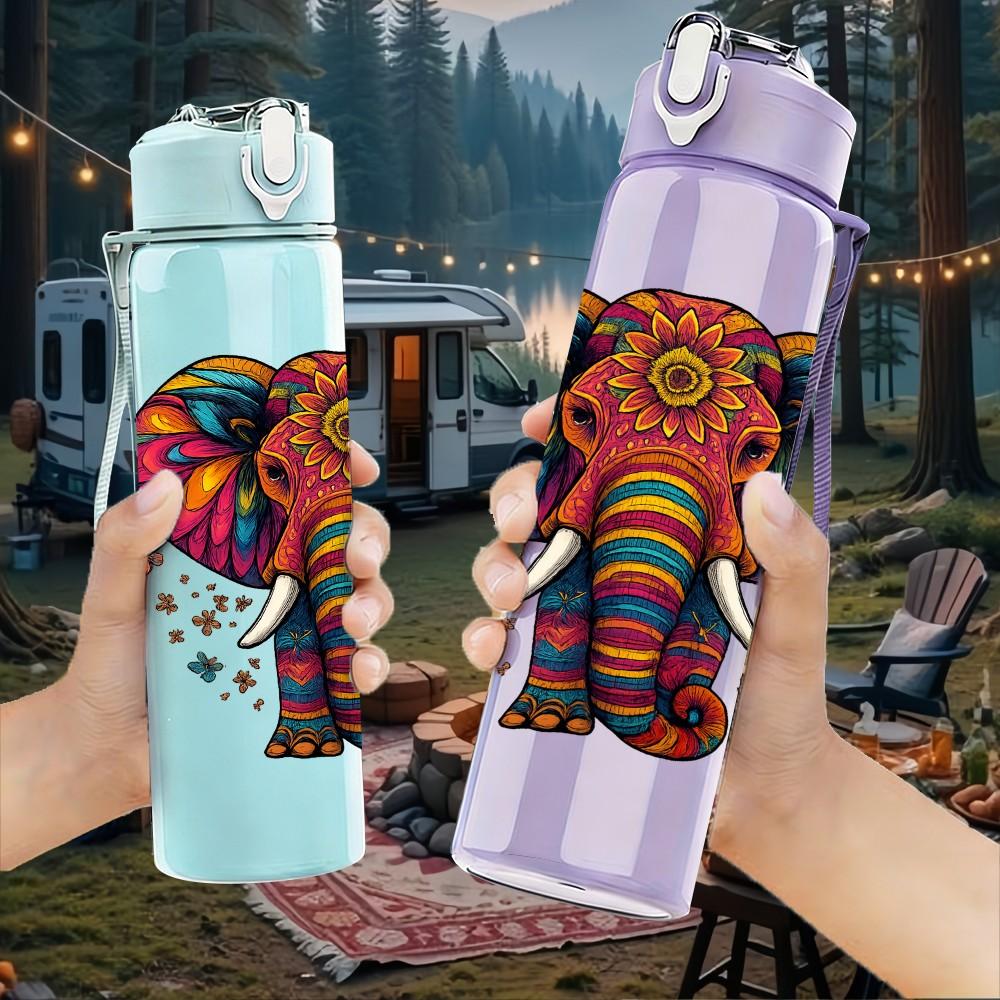 1PC Tribal Floral Elephant 750ml Color Plastic Sports Water Bottle Leakproof Flip Straw Lid Suitable for Sports Office Home Use