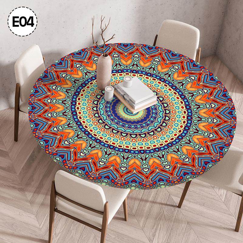 Mandala-bedeckter runder Tischbezug, nicht waschbar, wasserdicht, ölabweisend, staubdicht, elastische böhmische Tischdecke für Heimdekoration