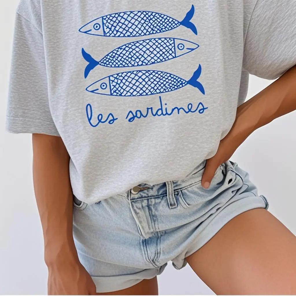 INAWLY Sardine Print Women T Shirt Canned Fish Casual Shirt Tomato Girl Coastal Summer Girl Fashionable Casual T-shirt