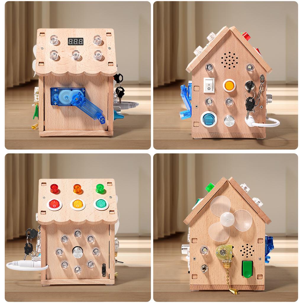 Wooden Children's Montessori Early Education LED Light, Sound and Light Busy House Mechanism, Unlocking Power Switch, Educational Desktop Toy