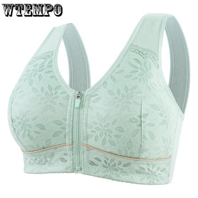 Front Zipper Middle-aged and Elderly Underwear Women's Vest Style Lace Without Steel Ring Plus Size Bra