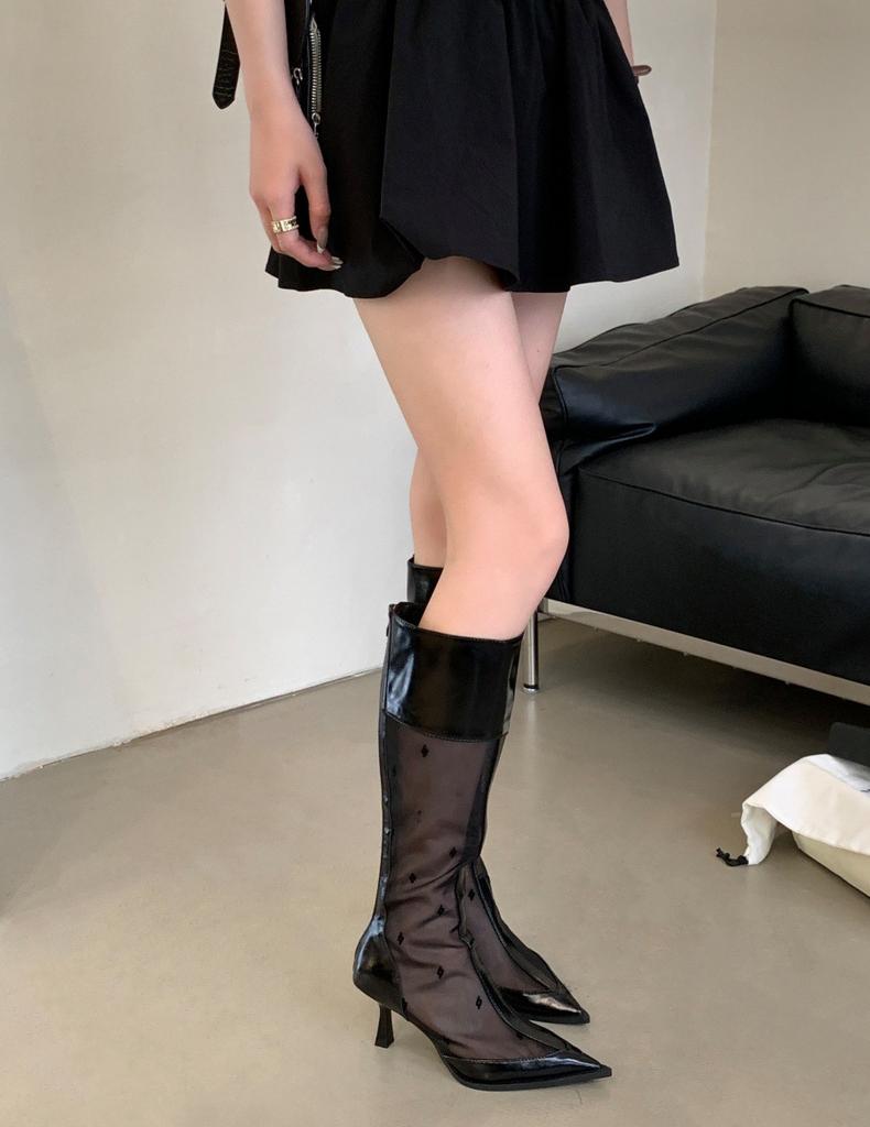 2025 autumn new pointed head thin heel high heel temperament thin French fashion sexy beautiful mesh short boots cool boots